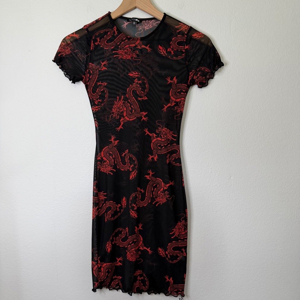 Fashion Nova - Y2K Style Asian Dragon Print Mesh Dress Size XS